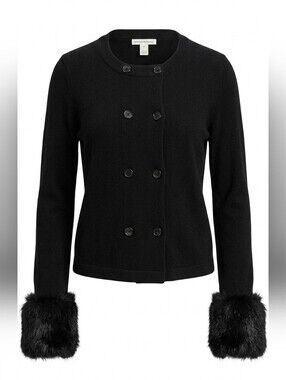 Banana Republic Merino Cashmere Cardigan Black Faux Fur Cuff Sweater Size M